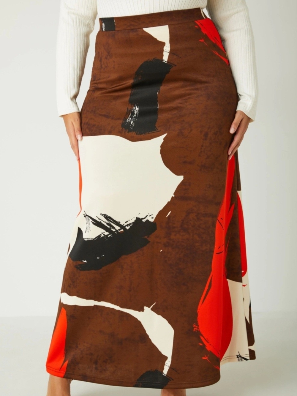 NWT Ashley Stewart Brown  Abstract Maxi Skirt w/ Red & Cream Accents Size 22/24